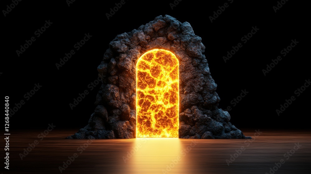 Poster fire door in a dark room with an illuminated doorway creating a mysterious atmosphere and shadows