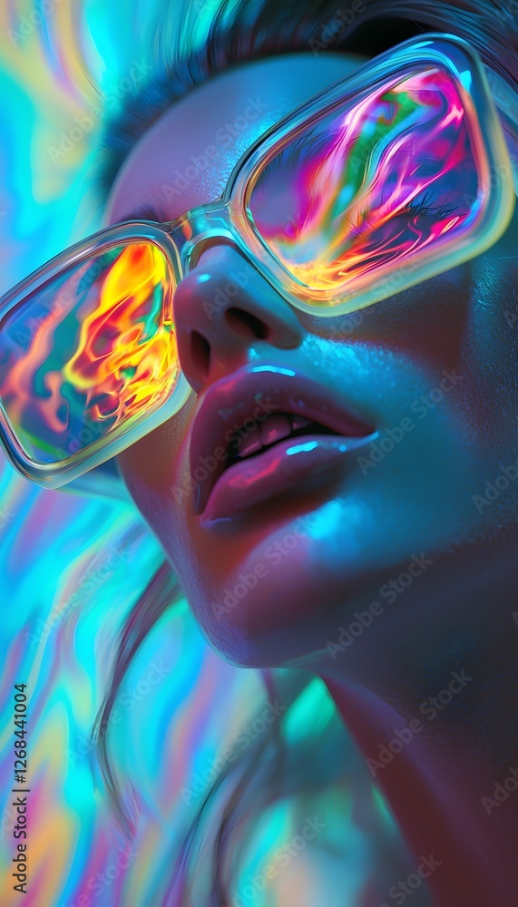 Poster a conceptual portrait of a model wearing futuristic sunglasses, with glowing neon reflections in the