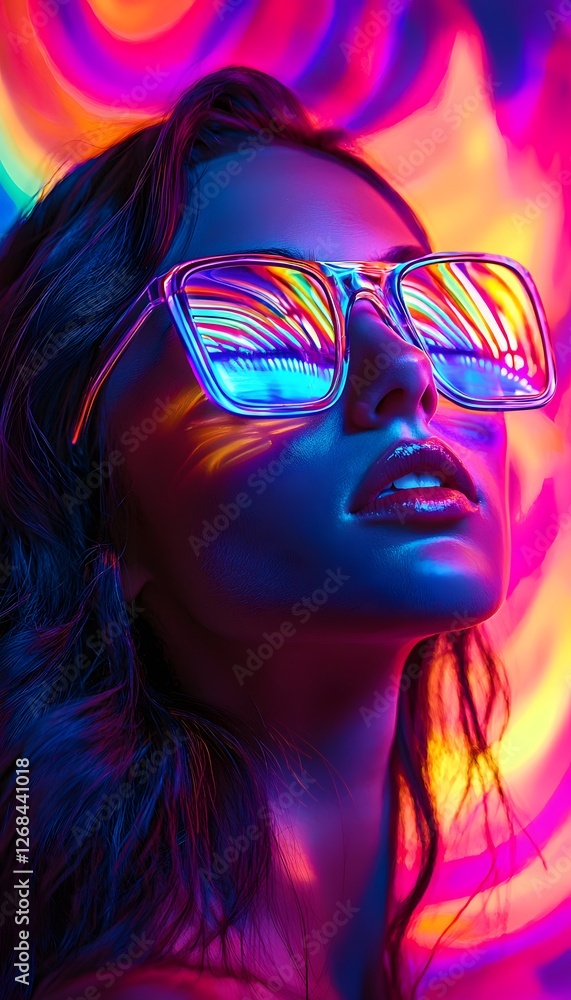 Poster a conceptual portrait of a model wearing futuristic sunglasses, with glowing neon reflections in the