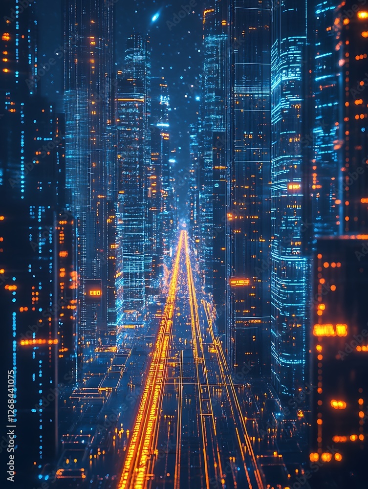 Poster a vibrant cyberpunk city skyline featuring advanced technology and futuristic architecture at dusk.