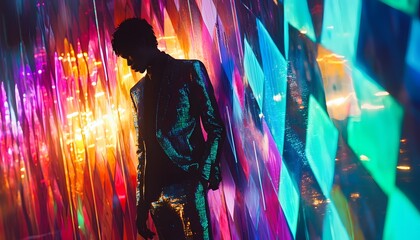 A fashion editorial featuring a model in a structured metallic suit, standing against a backdrop of glowing geometric shapes in a vibrant cityscape