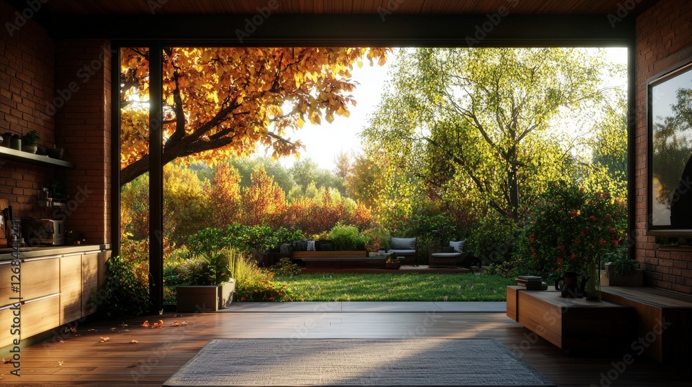 Aufkleber backyard view with a tree bench and mysterious light emitting from an open doorway at dusk