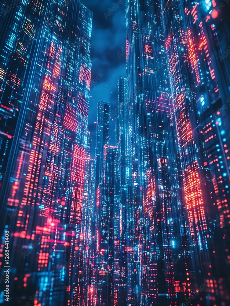Poster a vibrant cyberpunk city skyline featuring futuristic architecture and technology in a night setting