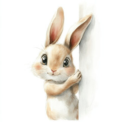 Easter cute bunny with one paw up looking from side of the wall 