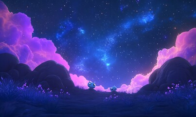 Fototapeta premium A colorful space scene featuring adorable aliens, perfect for children's designs and imaginative projects.