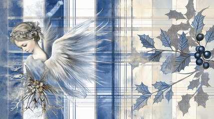 Whimsical digital illustration ethereal angelic figure floating soft wings artistic fantasy inspired serene delicate detailed blue plaid textured background surreal creative dreamlike old blue