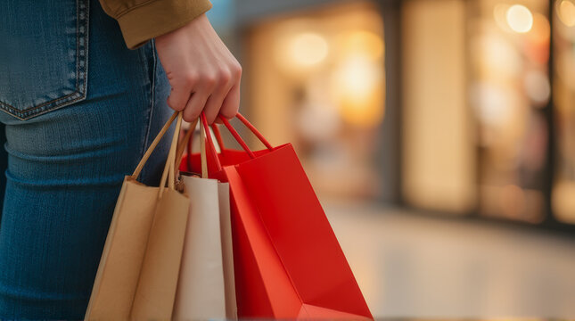Young Person Holding Colorful Shopping Bags While Walking Through a Bright Retail Store Aisle with Blurred Background of Storefronts
