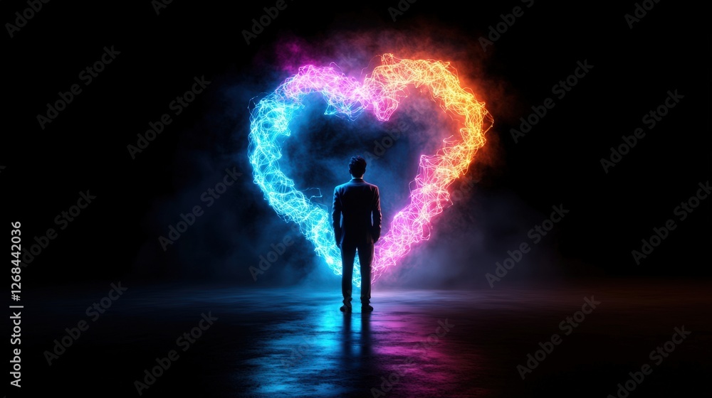 Poster man standing in front of heart shaped fire with mysterious light shining through an open doorway