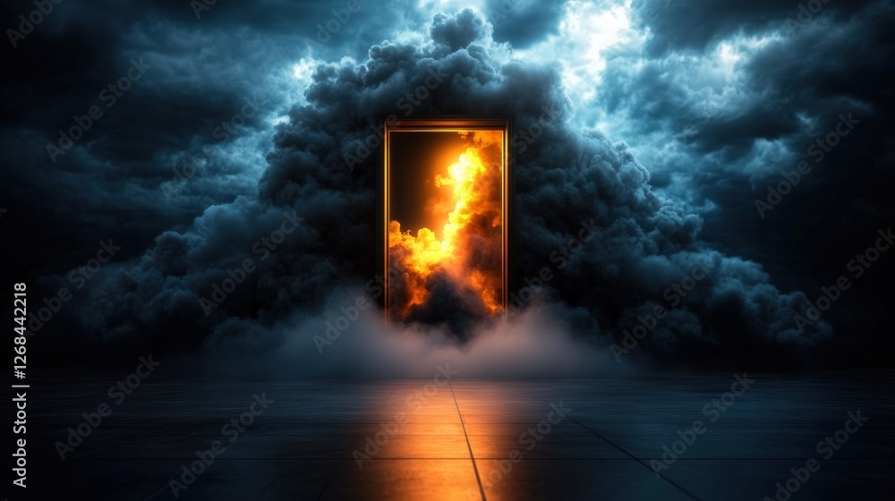 Poster bright light shining through an open doorway creating a mysterious atmosphere in a dark room