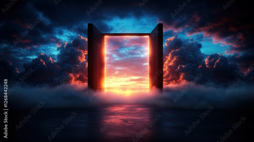 Poster doorway in dark room with mysterious light shining through open entrance creating a dramatic atmosph