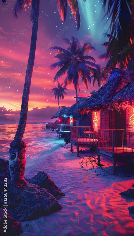 Poster a conceptual fusion of polynesian and futuristic design featuring glowing tikis and radiant beachsid