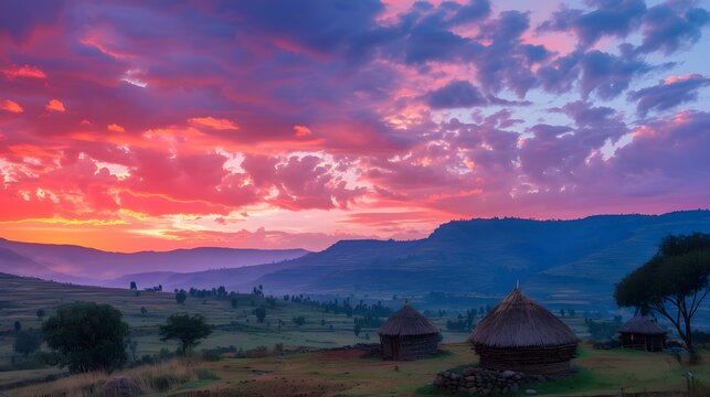 A vibrant Ethiopian highlands scene where glowing traditional huts dot the landscape under a radiant pink and orange sunrise