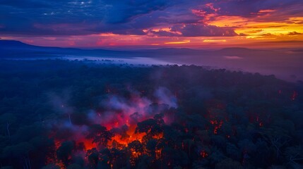 Fototapeta premium Aerial view of a vibrant forest glowing with bioluminescent hues under twilight skies, cinematic natural wonder