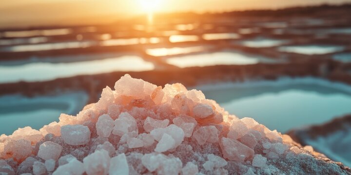 Pink salt crystals glowing during golden hour in maras salt mines, peru