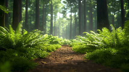 Fototapeta premium Sunlit Forest Path with Lush Green Ferns