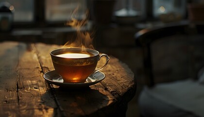 Close-up of a glowing cup of tea steaming on a rustic wooden table, cinematic warmth and elegance