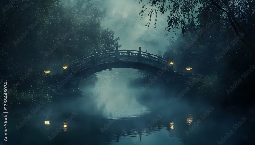 Aufkleber eye-level shot of a glowing ancient bridge crossing a calm river, illuminated by soft lantern light,