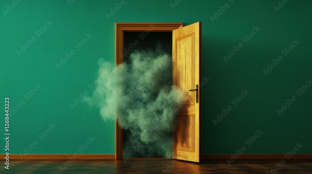 Aufkleber old wooden door slightly open with a cloud emerging from the opening in a mysterious setting