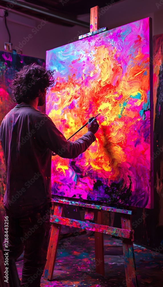 Poster over-the-shoulder view of a painter working on a glowing abstract canvas in a vibrant studio, cinema