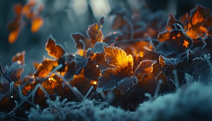 Close-up of glowing frost-covered leaves in a winter forest, cinematic tranquil beauty
