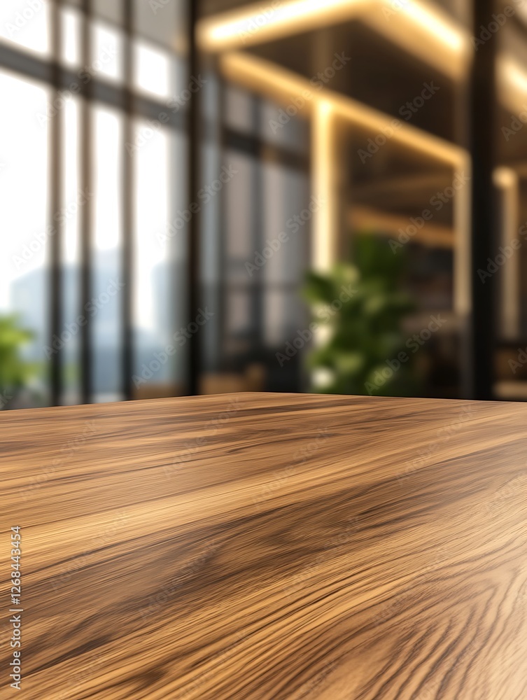 Poster contemporary wooden cafe table positioned in front of a serene backdrop. perfect for modern interior