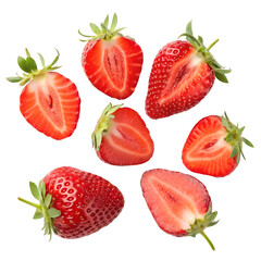 Fresh strawberries arranged in a circular pattern showcasing whole and sliced pieces on a white background