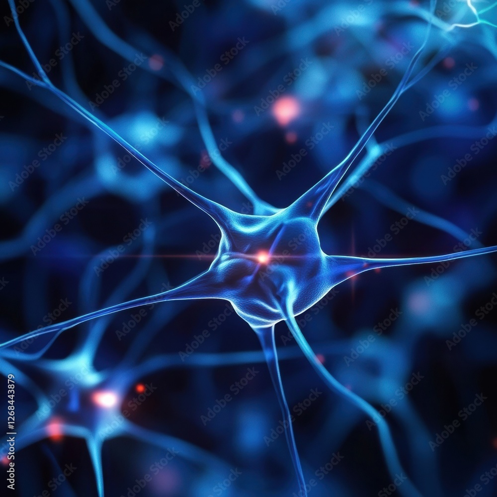 Poster intricate network of neurons displaying vibrant colors under microscopic imaging. generative ai