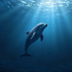 Obraz premium A digitally rendered image depicting a dolphin swimming underwater, with sunlight rays shining through the water above.