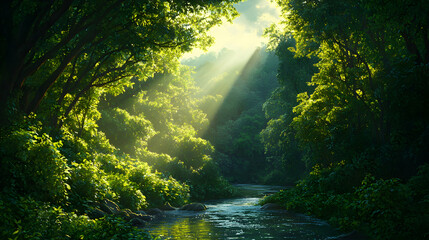 Obraz premium Sunlit Forest Path with River