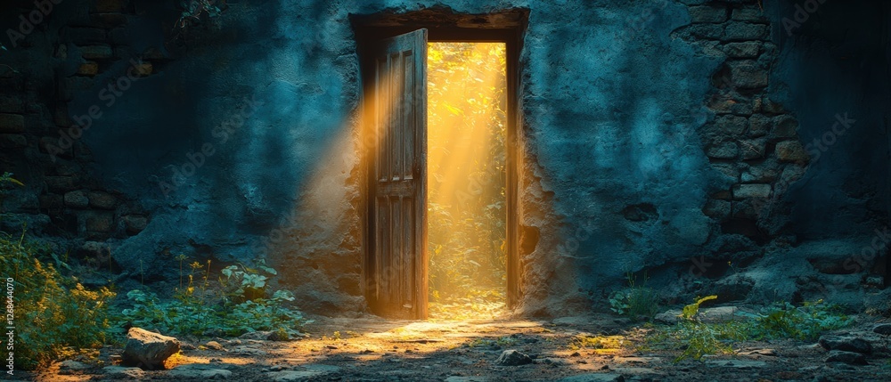 Poster open doorway illuminated by soft light creating a mysterious and inviting atmosphere