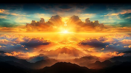Fototapeta premium Majestic sunset over mountains, cloudscape, radiant light, inspirational backdrop