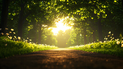 Fototapeta premium Sunlit Forest Path with White Flowers
