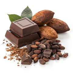 A photostock images of chocolate chunks and cocoa nibs with cocoa beans on a clean white background