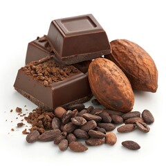 A photostock images of chocolate chunks and cocoa nibs with cocoa beans on a clean white background
