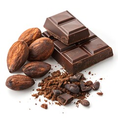 A photostock images of chocolate chunks and cocoa nibs with cocoa beans on a clean white background