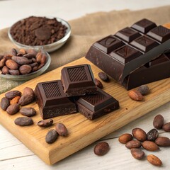 A photostock images of chocolate chunks and cocoa nibs with cocoa beans on a clean white background