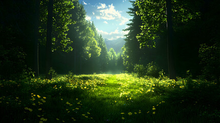 Obraz premium Sunlit Forest Path with Yellow Flowers