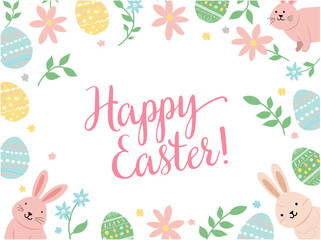 cute Easter rabbits card with a pattern of rabbits, eggs, and flowers in a colorful vector design, perfect for festive spring celebrations, greetings, or cheerful decorations