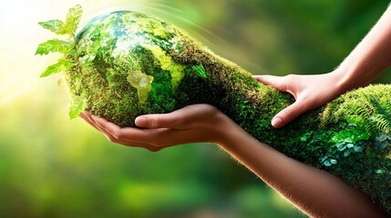capture environmental protection with hands holding moss-covered globe in eco-friendly imagery highlighting sustainable future and nature conservation