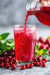 Fresh Roselle Juice Being Poured Into a Tall Glass with Bubbles