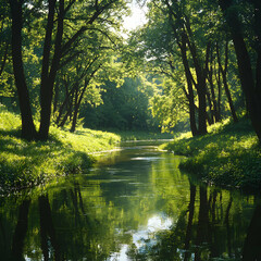 Fototapeta premium Sunlit Forest River Landscape