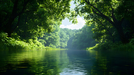 Fototapeta premium Sunlit Forest River Landscape