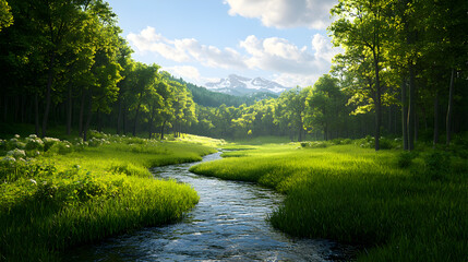Fototapeta premium Sunlit Forest River Landscape with Mountain View