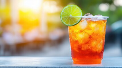 Fototapeta premium Refreshing Iced Tea Served in Transparent Cup with Lime Slice