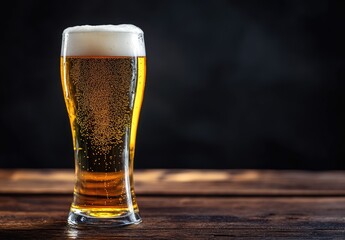 A glass of golden beer with bubbles rising to a foamy head sits on a rustic wooden table against a dark background. Ideal for brewery ads, bar menus, and beverage branding