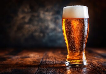A tall glass of golden beer with foam sits on a rustic wooden table against a moody background, with bubbles rising. Ideal for brewery branding, pub menus, and beverage promotions