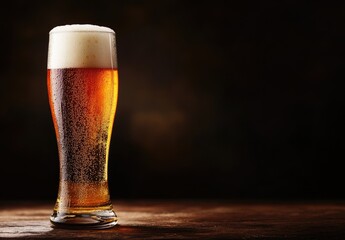 A tall glass of golden beer with a frothy head sits on a rustic wooden surface against a dark background, with bubbles rising. Ideal for brewery ads, pub menus, and beverage branding