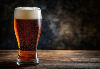 A tall glass of amber beer with frothy foam sits on a rustic wooden table against a dark, textured background. Ideal for brewery marketing, pub promotions, and beverage branding