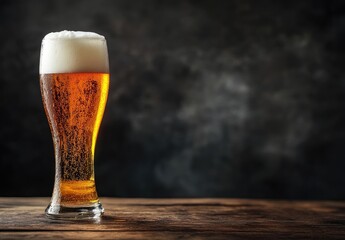 A tall glass of golden beer with a foamy head sits on a rustic wooden surface against a blurred dark background. Ideal for brewery promotions, pub menus, and beverage branding