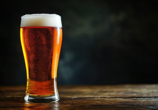 A tall glass of golden beer with a foamy head sits on a rustic wooden table against a dark background. Ideal for brewery advertising, bar menus, and beverage branding